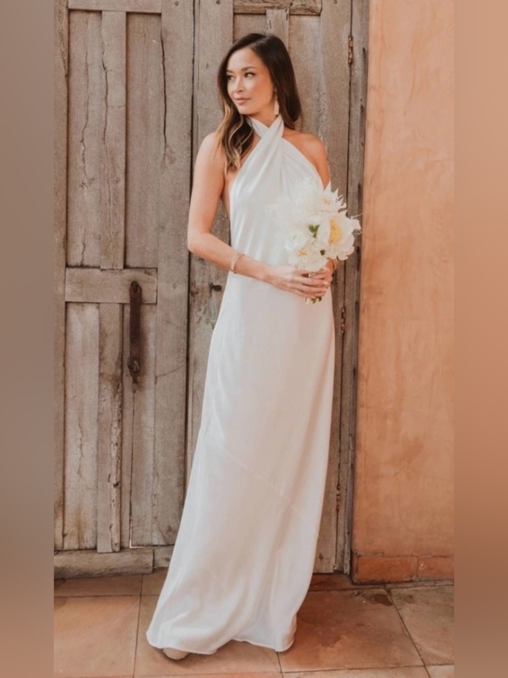 Show Me Your Mumu Jasmine Halter Slip Satin Maxi Dress in White Size Medium